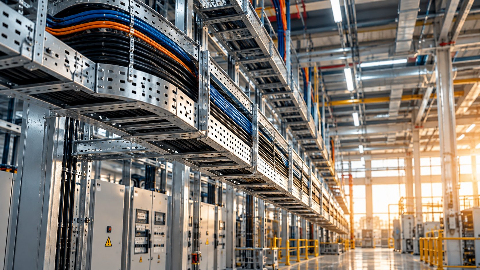 Bandejas de cableado y cuadros eléctricos en una nave industrial