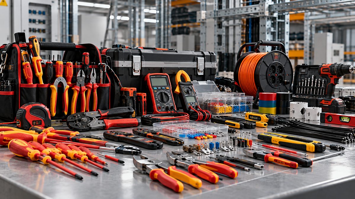 Herramientas aisladas, multímetros y equipos para electricistas